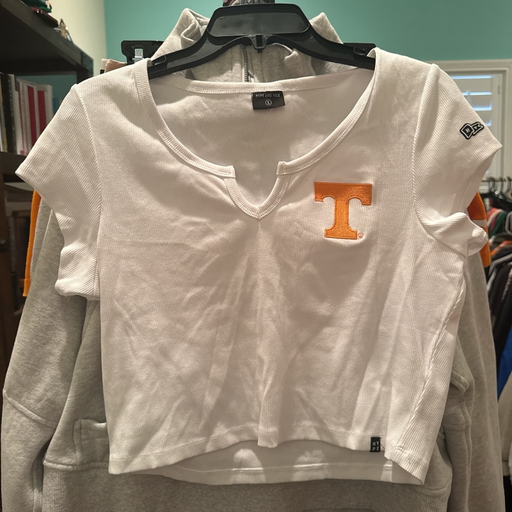 New Era Women's White Crop Top with Orange Logo